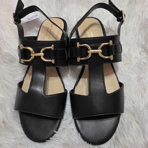 Black Leather Sandals with Gold Accents